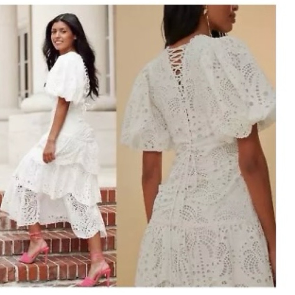 FARM Rio Eyelet Puff Sleeve Midi Dress